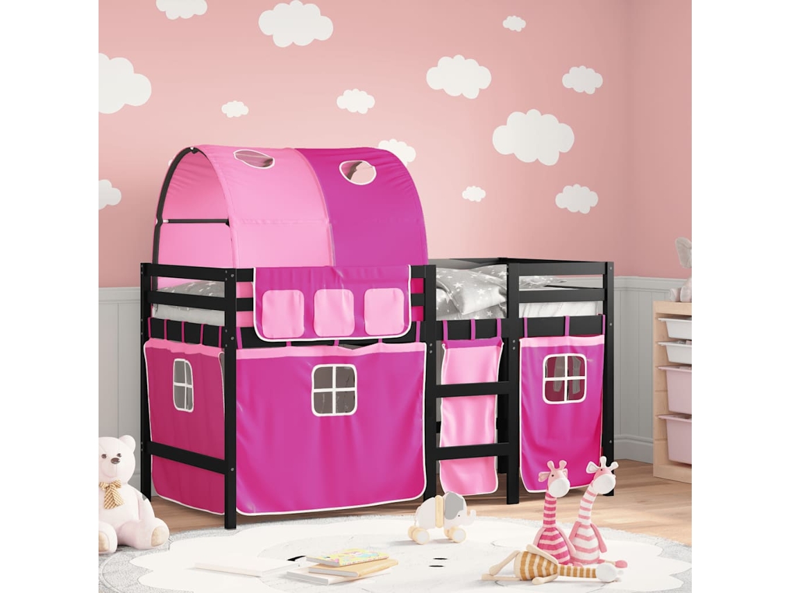 Cama Alta Para Criança Com Túnel 90x200 Cm Pinho Maciço Rosa