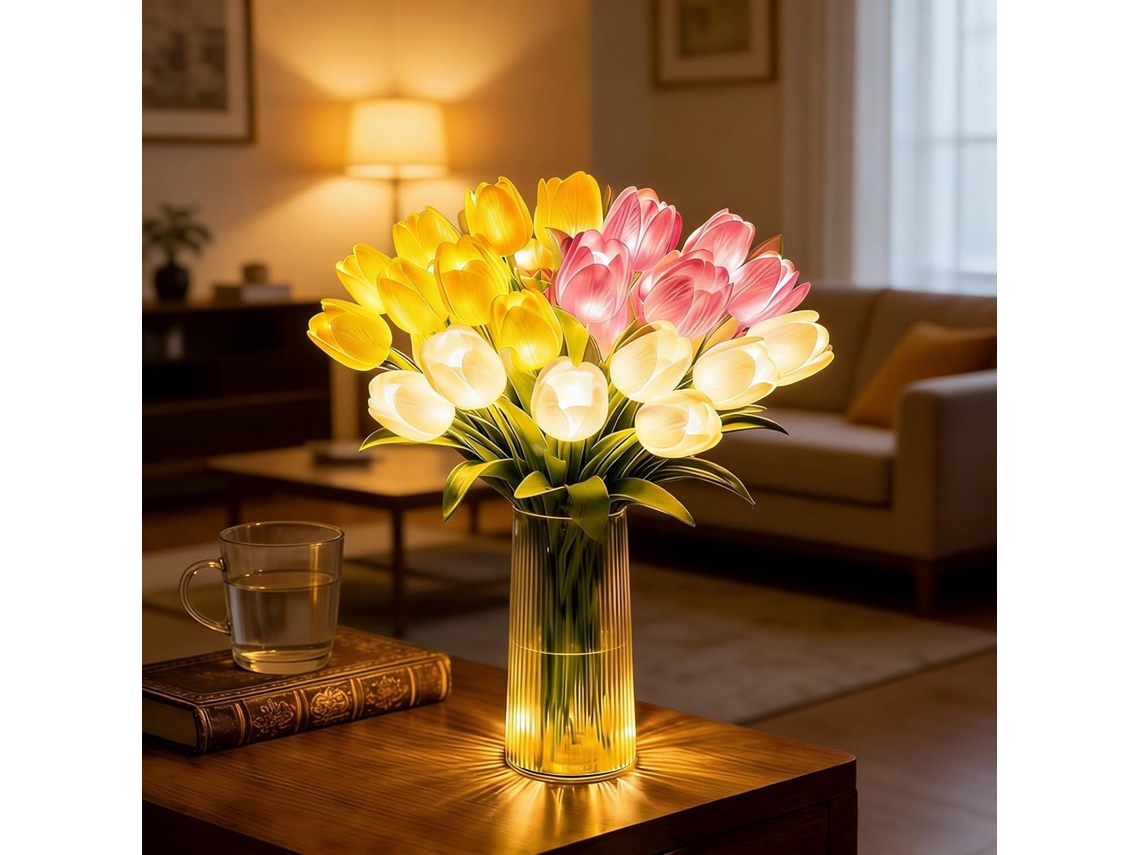 Luminária Noturna Shining Tulips, Conjunto de 15 Abajures Artificiais com Vidro, Flores LED Iluminadas