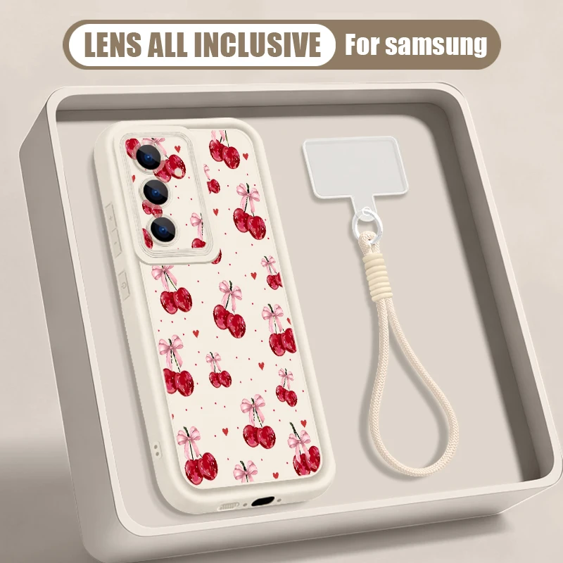 Capa Para Celular Galaxy A17 5g Com Cordão E Estampa De Cereja (marrom Claro)