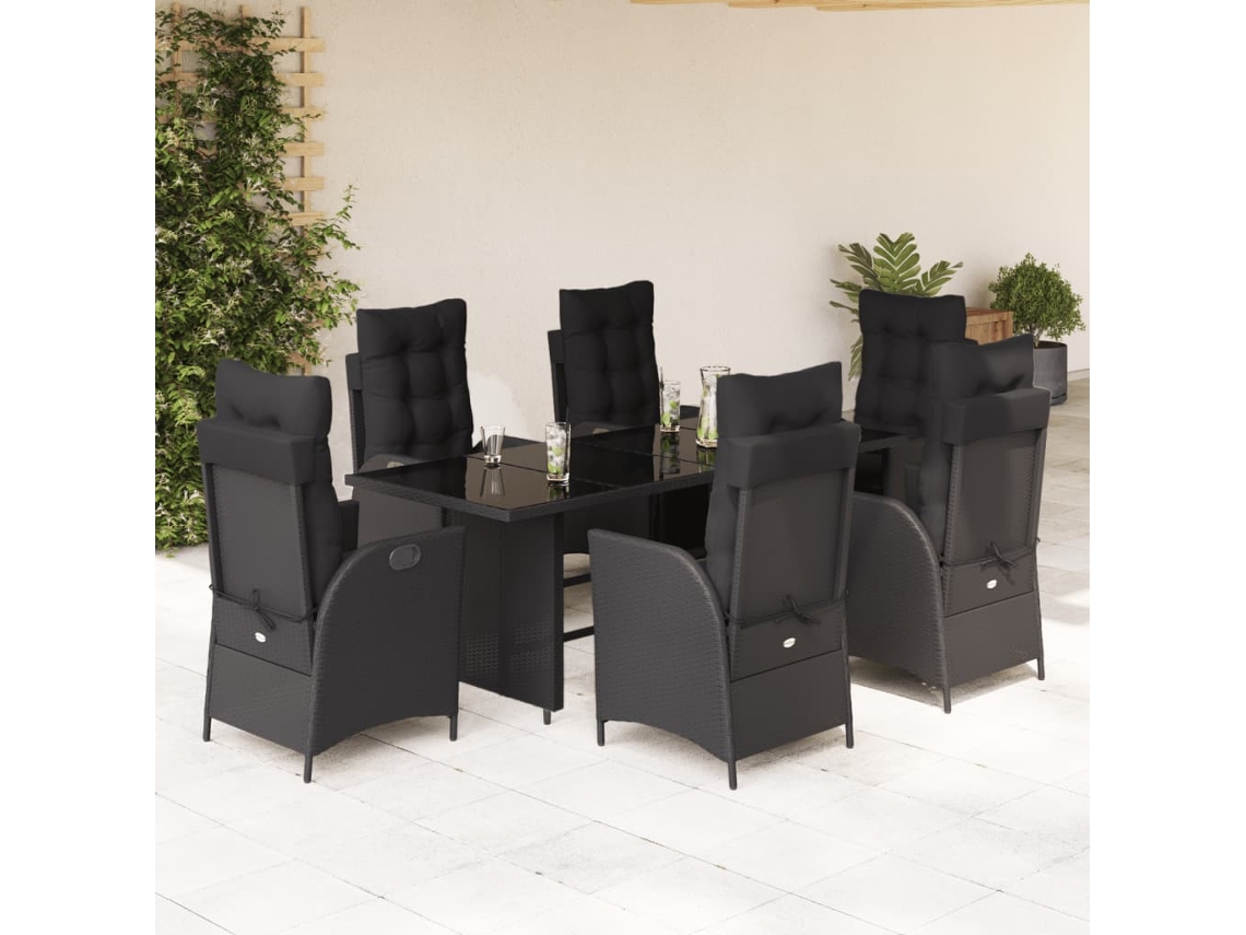 7 Pcs Conjunto De Jantar P/ Jardim C/ Almofadões Vime Pe Preto Dkd Home Decor