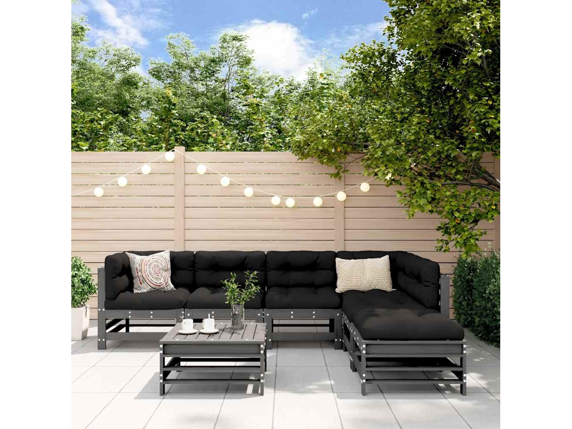 Vidaxl 7 Pcs Conjunto Lounge Jardim C/ Almofadões Madeira Maciça Cinza