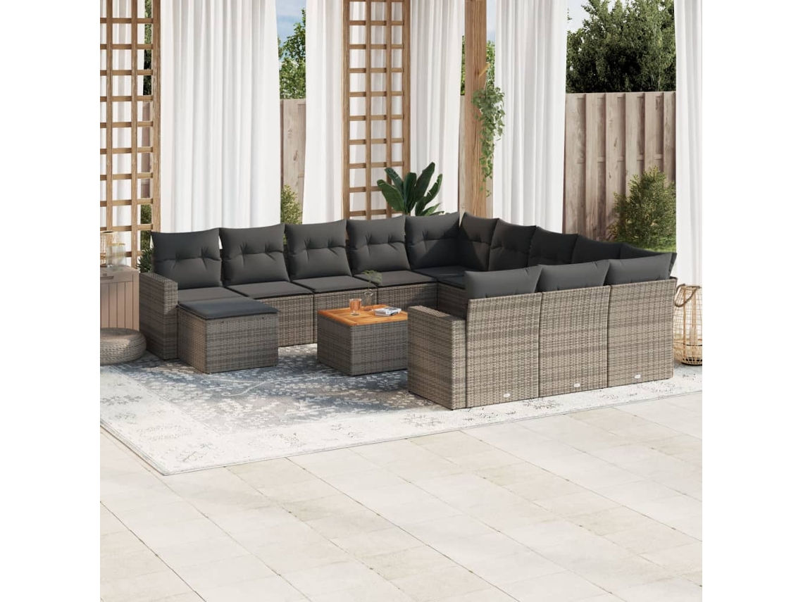 Vidaxl 13 Pcs Conjunto Sofás P/ Jardim C/ Almofadões Vime Pe Cinzento