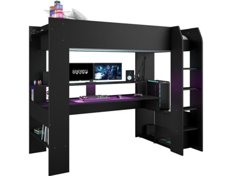 Cama infantil mezanino combinada LED Gamer ONLINE - 90 x 200 cm - Preto fosco - Base de ripas incluída PARISOT