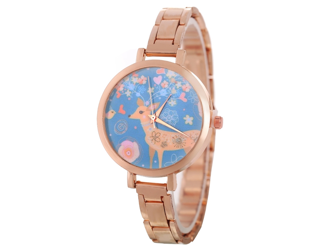 Relógio de quartzo analógico com pulseira de aço, mostrador floral e estampa de veado (ouro rosa)