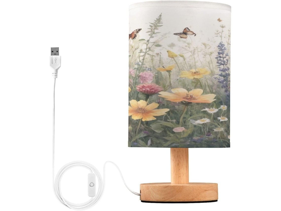 Luminária De Cabeceira Led Com Portas Usb Leitura Mesa Para Quarto Cúpula Tecido E Base Madeira Escritório Dormitório