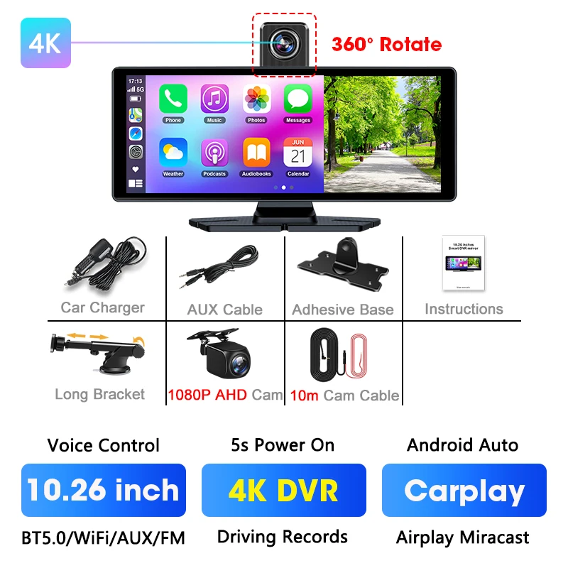 (dvr 10m) Câmera Veicular De 10,26 Polegadas, Lente Dupla 4k, Carplay