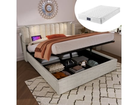 Cama Box Casal Com Cabeceira, Iluminação E Usb - 160x200 Cm - Armazenamento E Estofado Em Linho - Inclui Colchão E Estrado Natural