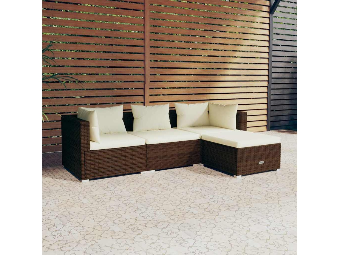 Conjunto 4 Peças Lounge Jardim C/ Almofadões Vime Pe Marrom Dkd Home Decor