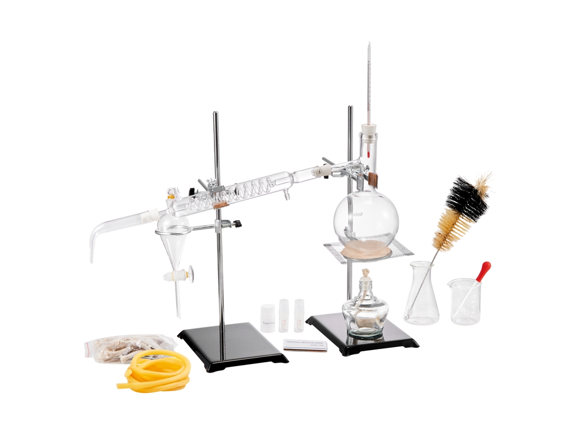 Kit de Destilação Óleos Essenciais Dispositivo 500 Ml Vidro Laboratório 3,3 Boro com Lâmpada Álcool, Malha Cerâmica e Conexão 24, 40, 28 Peças