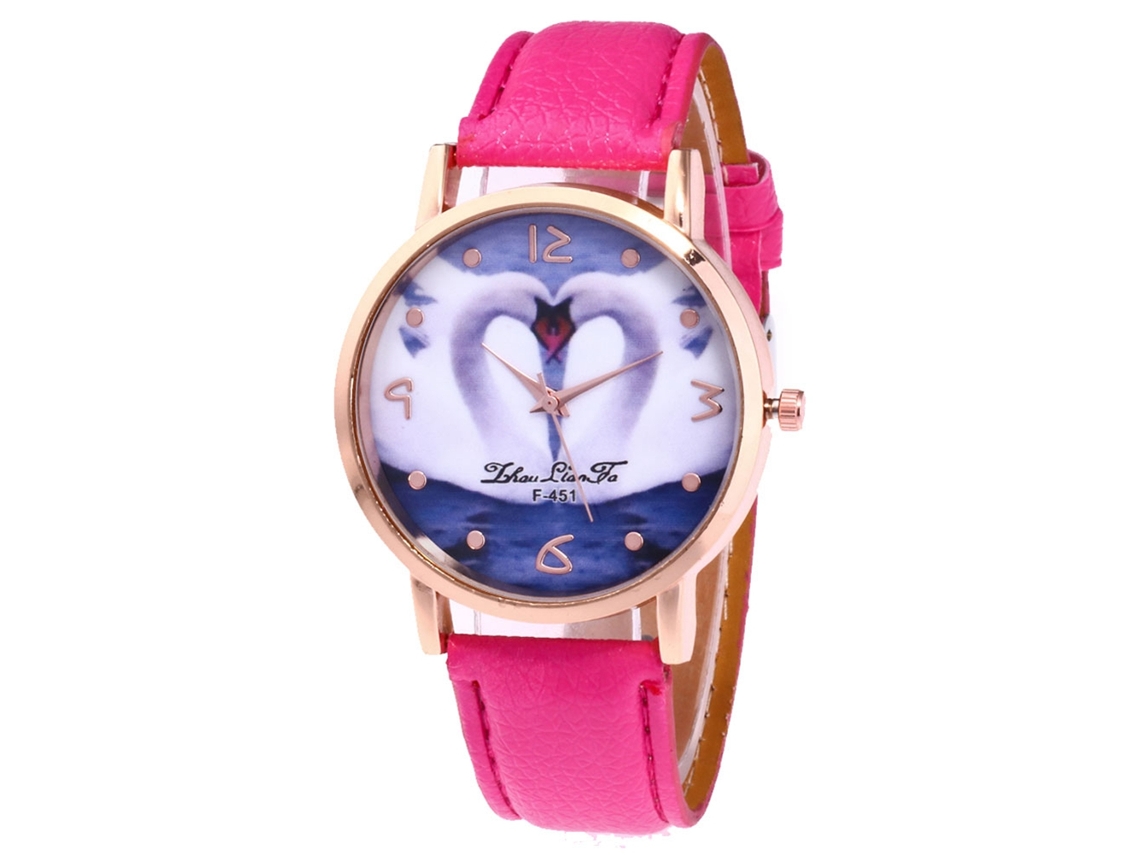 Relógio de pulso estudantil com pulseira de PU, estampa de cisne e coração, quartzo vermelho e rosa.