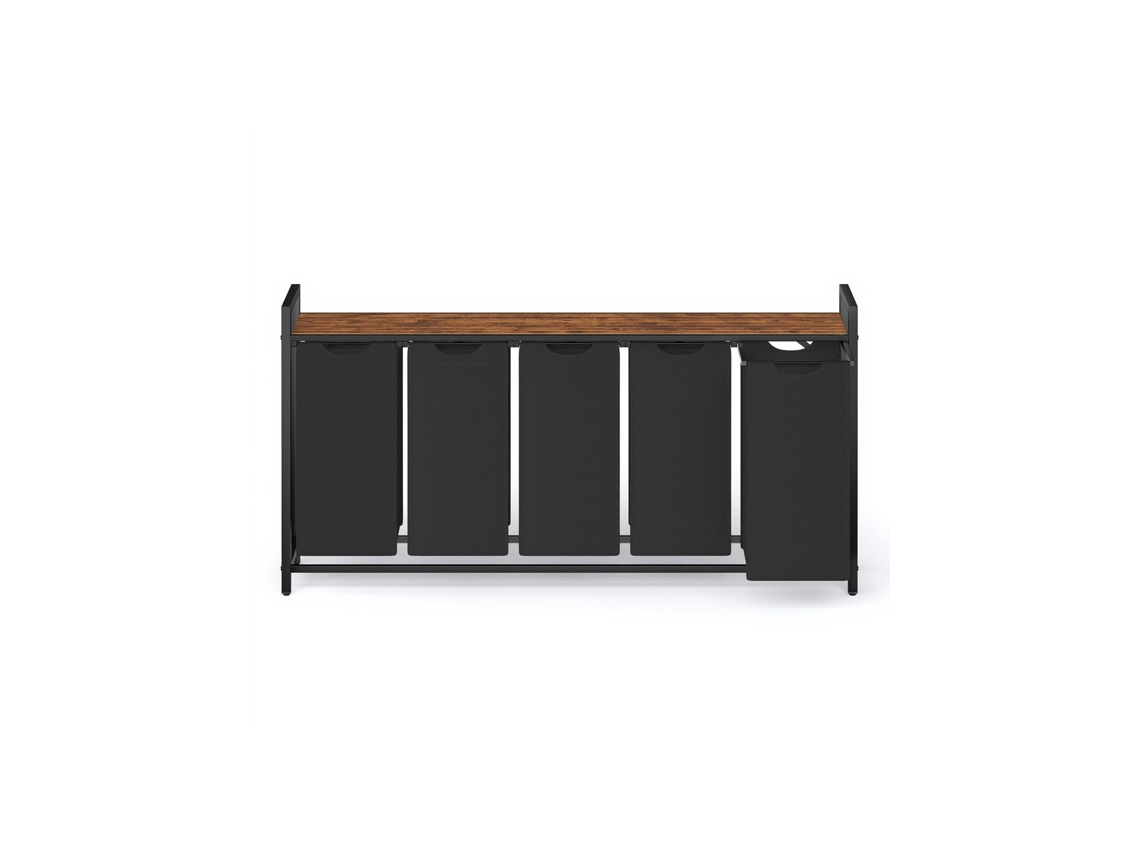 Cesto De Roupa Suja Com 5 Compartimentos E Prateleira, Preto-marrom, 143,5 X 33 X 72 Cm, Para Organizar E Guardar Roupa Suja De Forma Prática