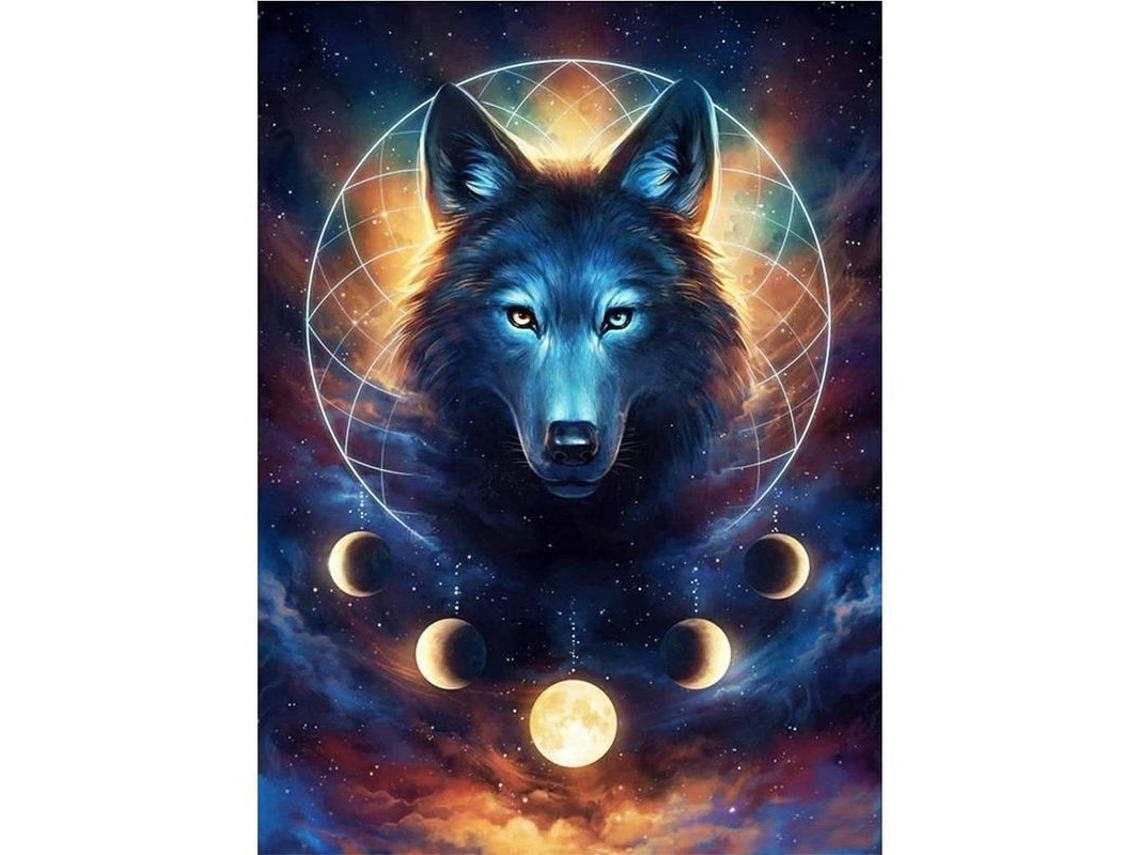 Kit de pintura de diamante 5D Lobo para crianças, animais e lua cheia, strass brilhantes.