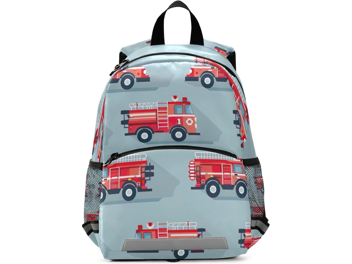 Mochila Infantil Fofa Com Coleira, Estampa De Caminhão De Bombeiros, Personalizável.