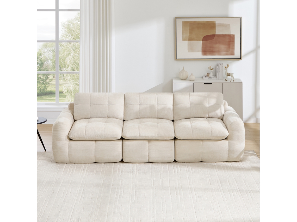 Sofá Modular Sem Estrutura 3 Lugares Em Chenille Acolchoado, Almofadas Espessas Ergonómicas, Bege