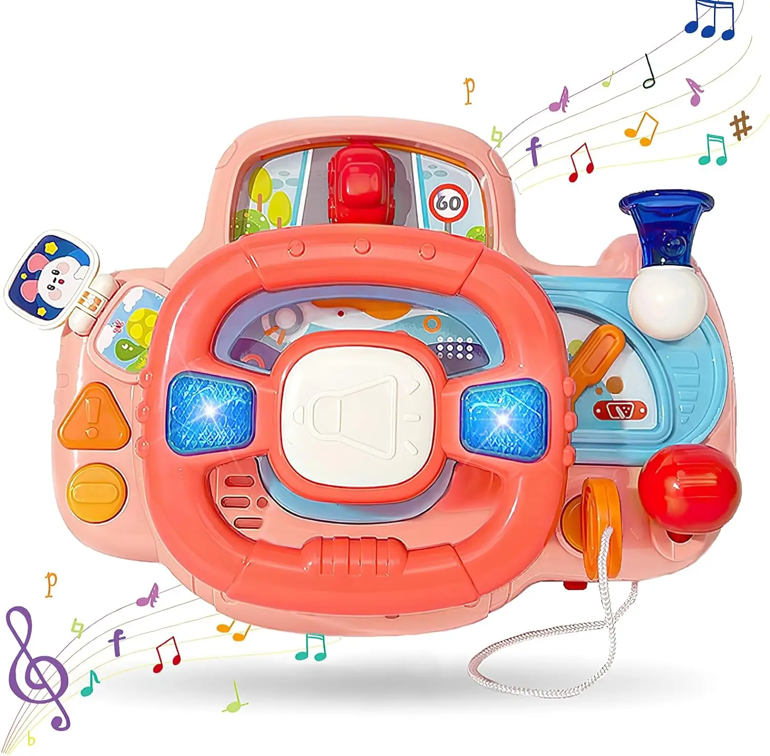 (rosa) Volante De Brinquedo Para Cadeirinha De Bebê Com Espelho Musical Retrátil