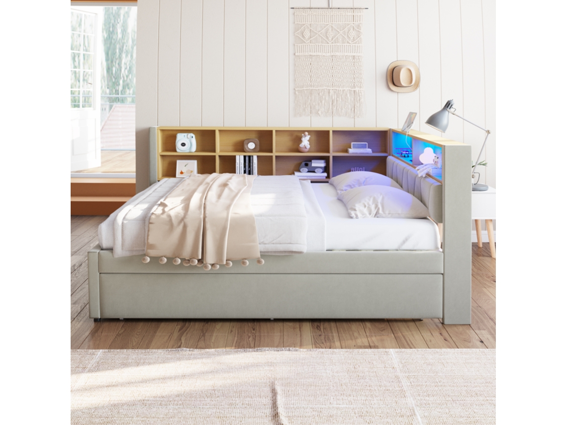 Sofá Cama 140x200 Com Cama Extra 90x190 Cm Com Tomada Usb Vários Compartimentos Cama Estofada Cinza Claro Estilo (colchão Não Incluído)