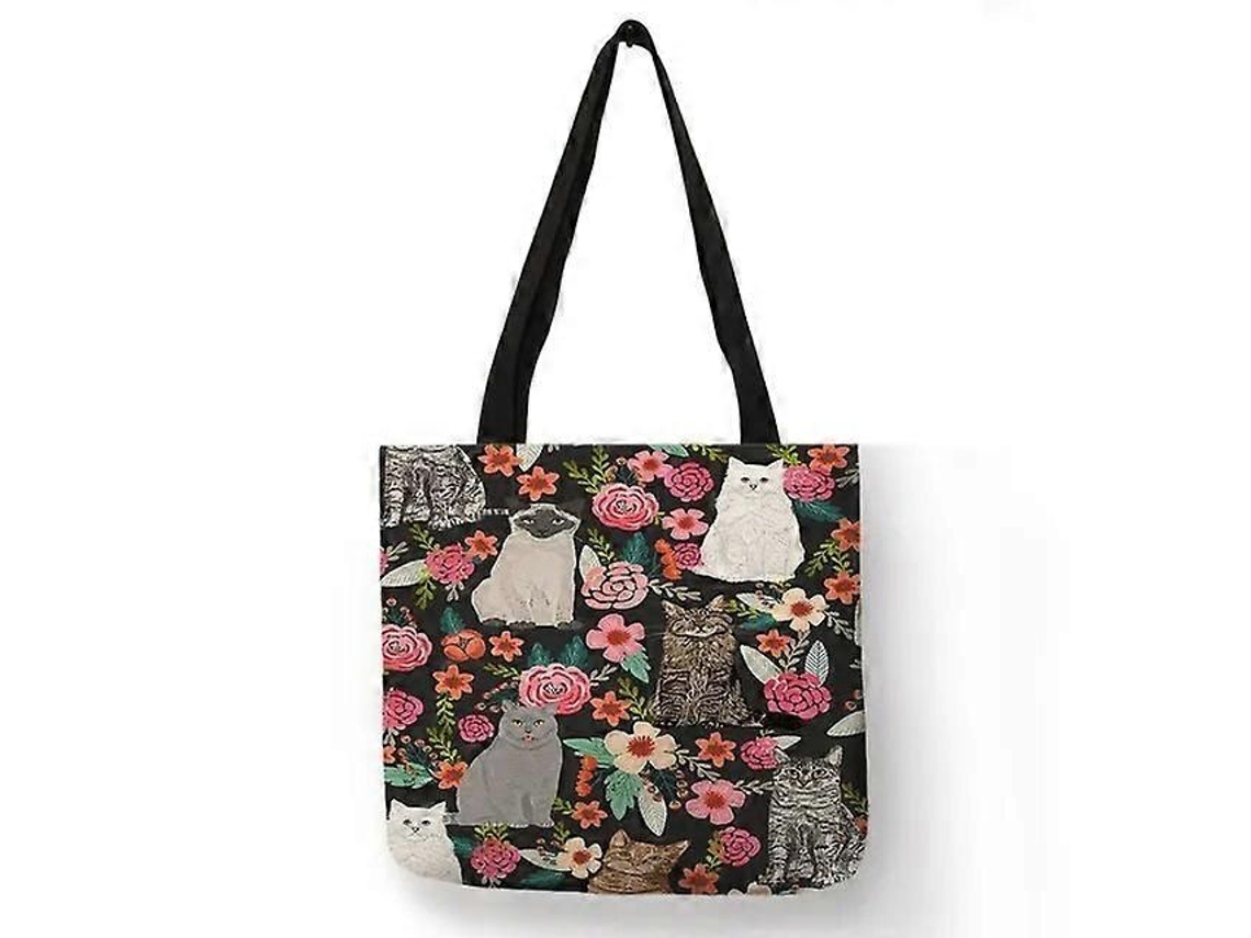 Bolsa de Compras Feminina com Estampa Floral Gatinho Desenho Animado, Ombro em Tecido Linho, Ec Ológica, Reutilizável e do GOKOCO