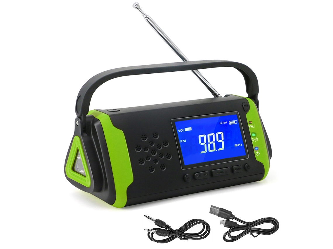 Rádio meteorológico AQUAFORGE FM com Manivela, Energia Solar, Carregador de emergência, Lanterna, Verde