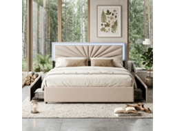 Cama Dupla com 4 Gavetas 160x200 cm, Estrutura Estofada, Cabeceira com Design de Raios de Sol e Luzes LED, Bege RESETIZE