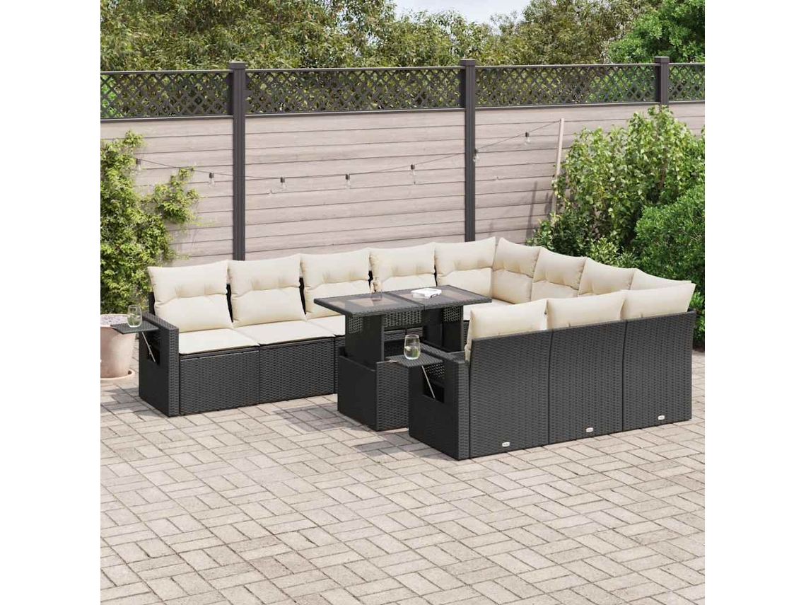 Vidaxl 11 Pcs Conjunto Sofás De Jardim C/ Almofadões Vime Pe Preto