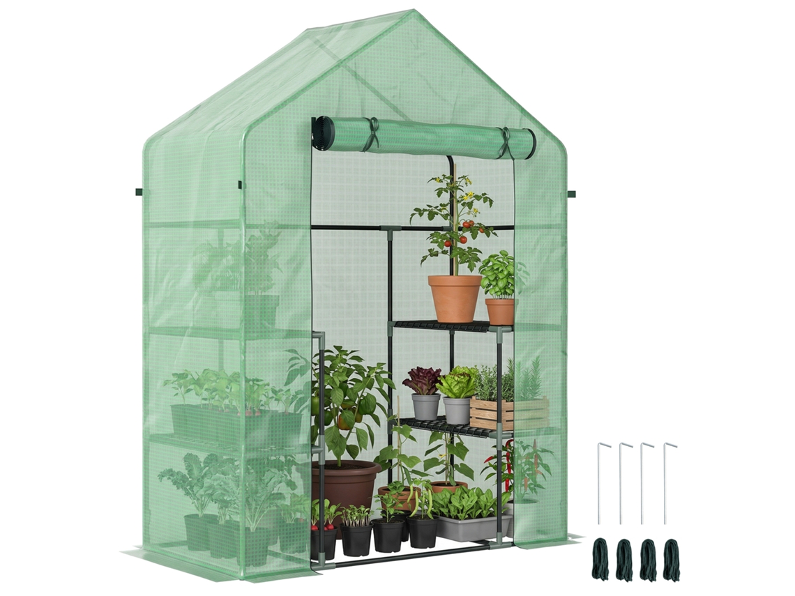 Estufa de Jardim com 2 Prateleiras em 3 Níveis e Entrada com Zíper. em Aço e Educação Física. 142x73x195 Cm. Verde Ge