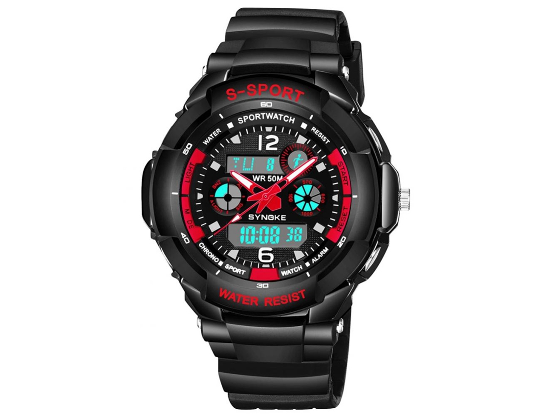 Relógio esportivo eletrônico masculino Synoke, moderno e simples, ideal para natação (preto e vermelho)
