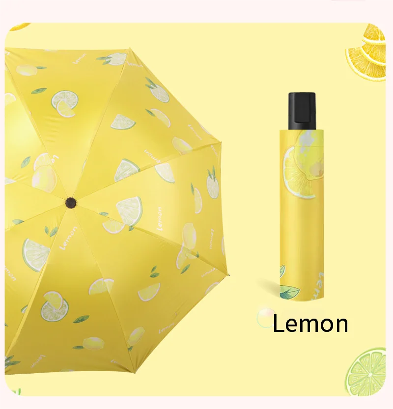 Guarda chuva Artesanal com Estampa de Frutas, Guarda chuva Dobrável de Dupla Função com Cola Preta para Proteção Solar e Chuva. MDUG (limão 8k)