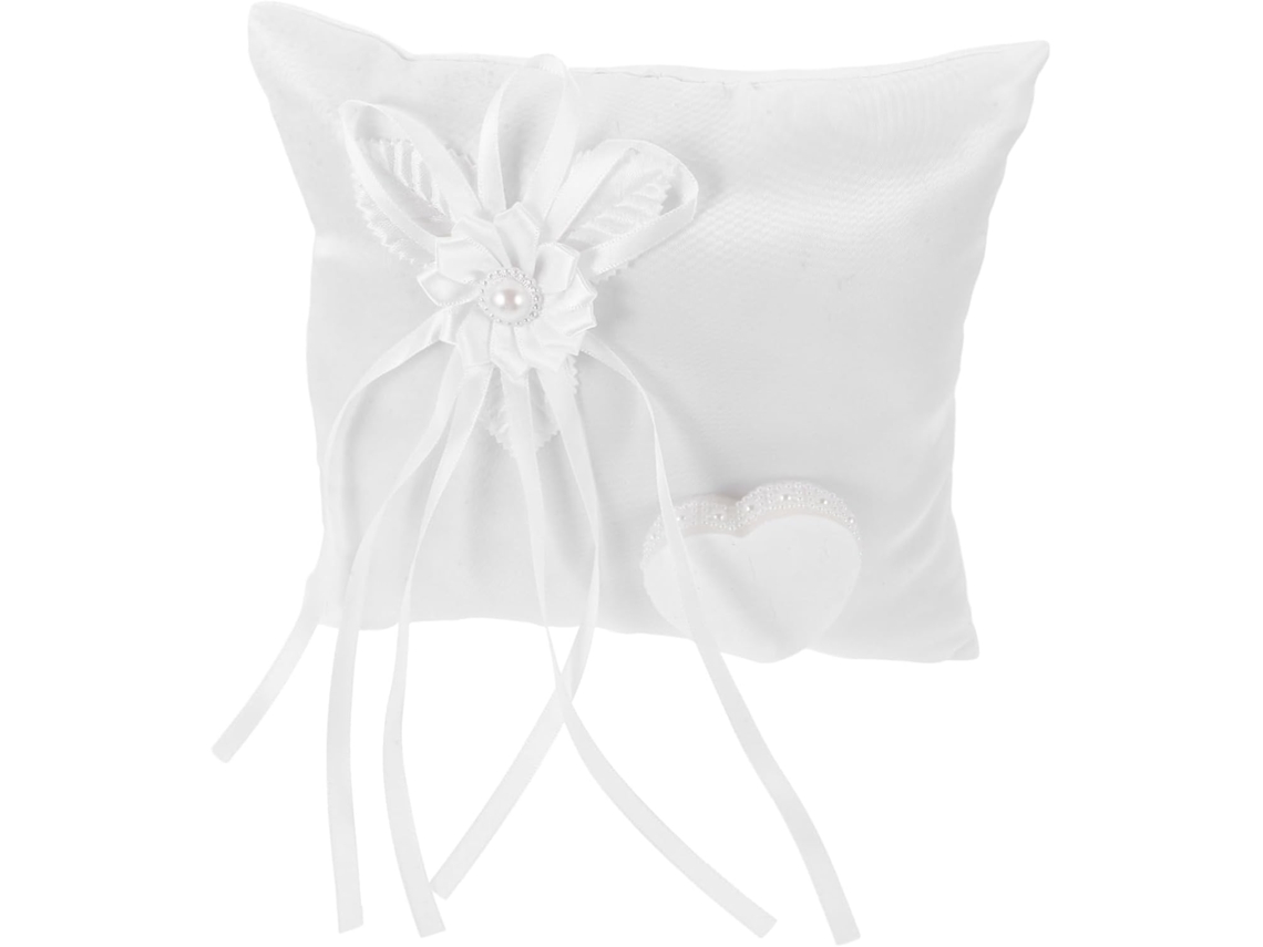 Almofada para Alianças Branca, Porta Floral Casamento, Recipiente em Formato de Coração, Material CHABERLU