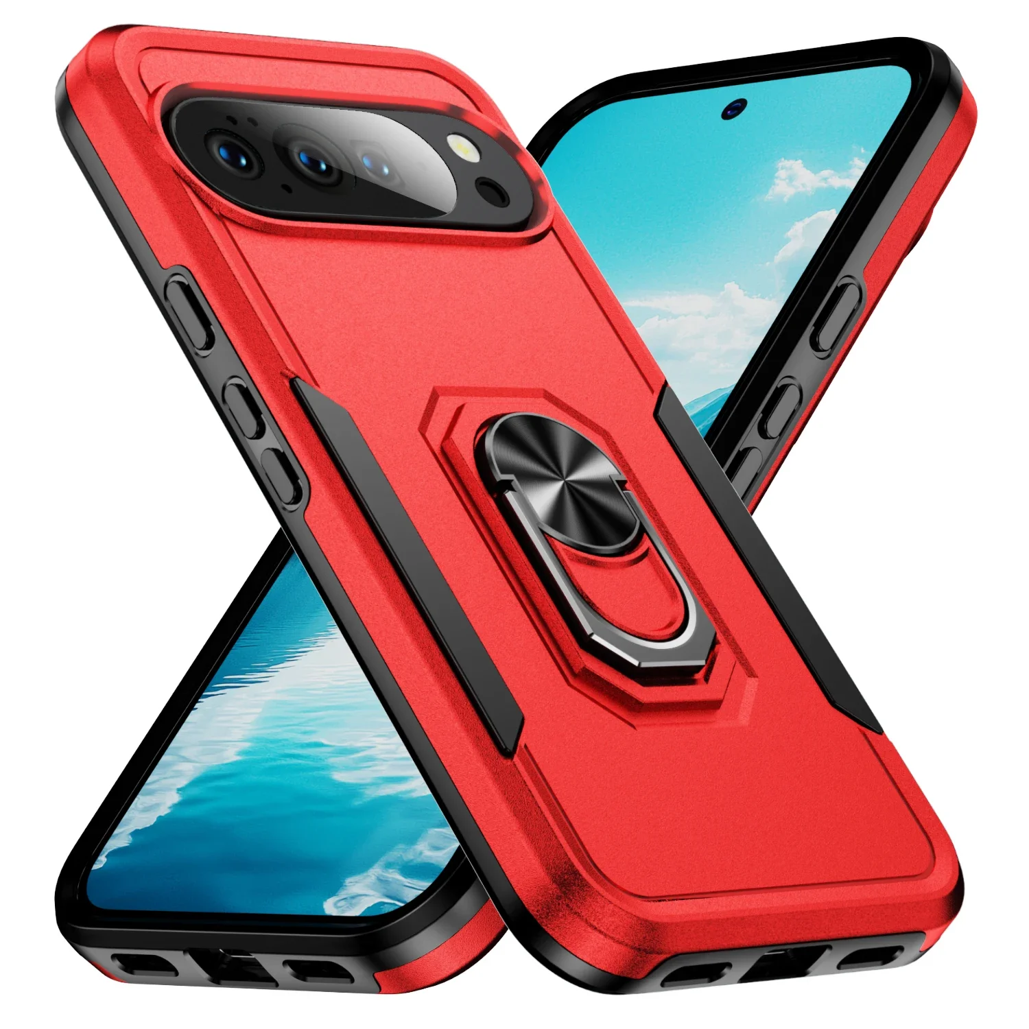 (vermelho E Preto, Google Pixel 8) Capa Resistente Com Suporte Magnético Para Carro E Anel – Capa Protetora Antichoque