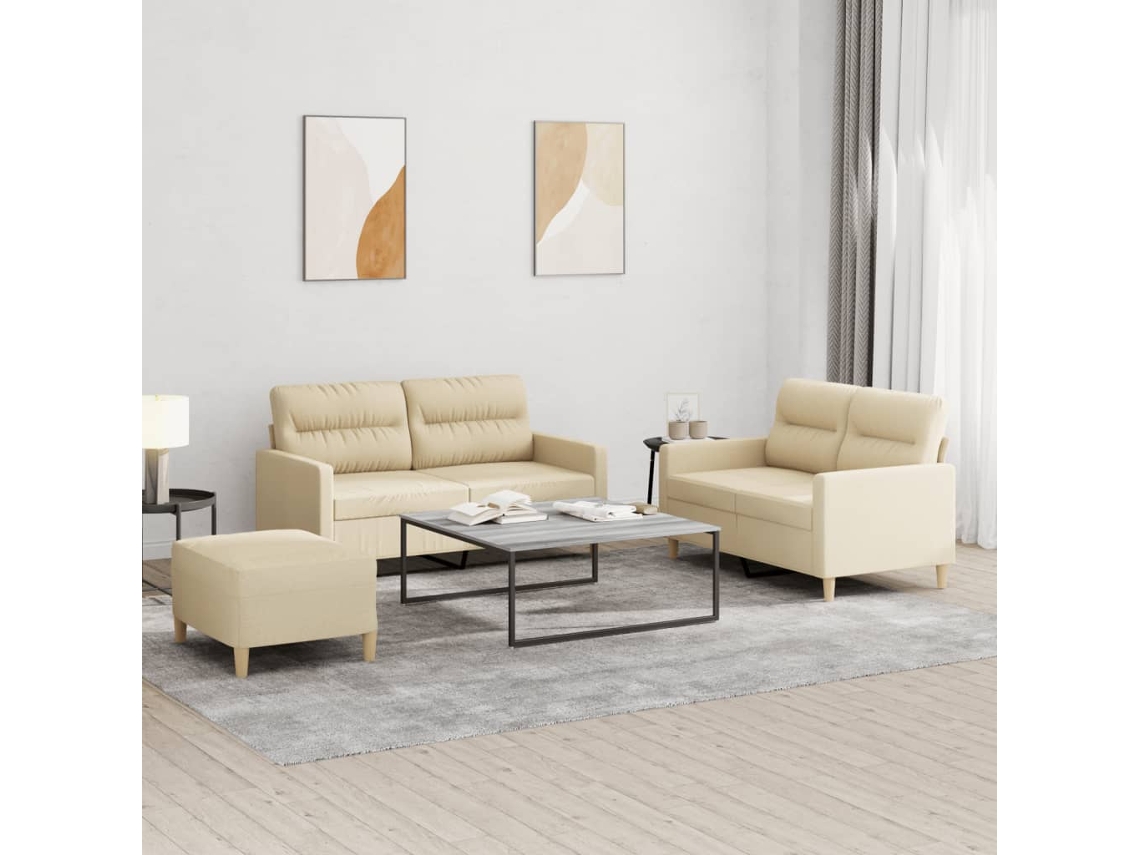 Vidaxl 3 Pcs Conjunto De Sofás Com Almofadões Tecido Cor Creme