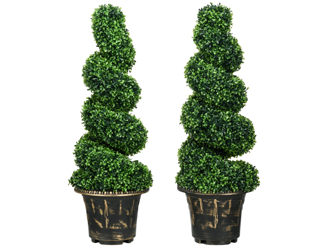 Buxo Artificial em Espiral, Conjunto 2 Plantas com Vaso, 90 Cm Verde