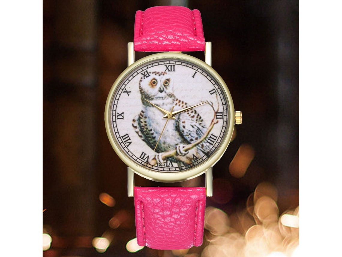 Relógio de pulso feminino elegante e moderno com estampa de desenho animado em vermelho e rosa.