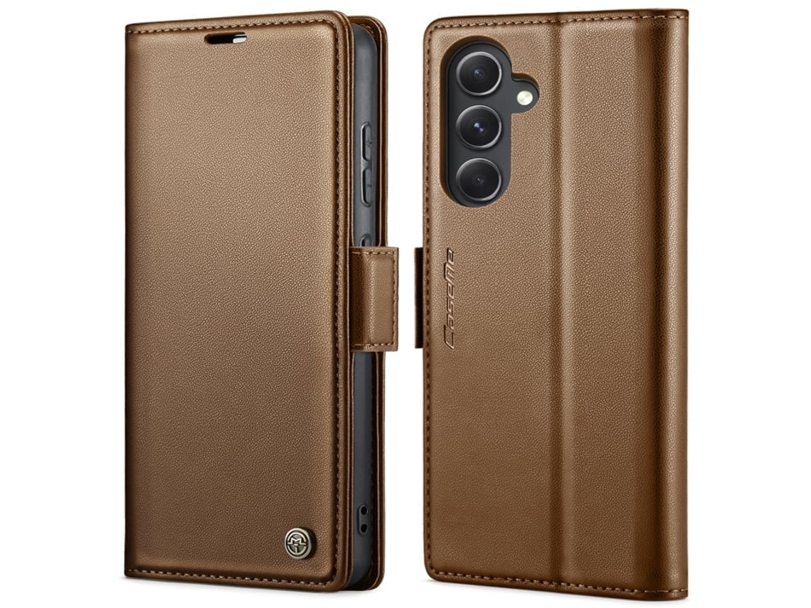 Capa Para Samsung Galaxy S23 Fe 5g Borboleta Fivela Litchi Textura De Telefone De Couro Rfid Antirroubo Marrom