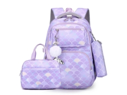 Mochila Estilosa Com Estampa, Lancheira E Estojo, Alça De Ombro Ajustável, Ideal Para Estudantes. Roxa.