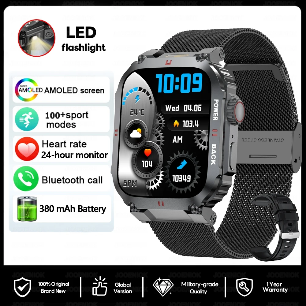 Smartwatch Gps com Luz Led, Monitoramento de Saúde, Assistente de Voz com Ia, À Prova D'água MDUG (pulseira de Malha Preta)