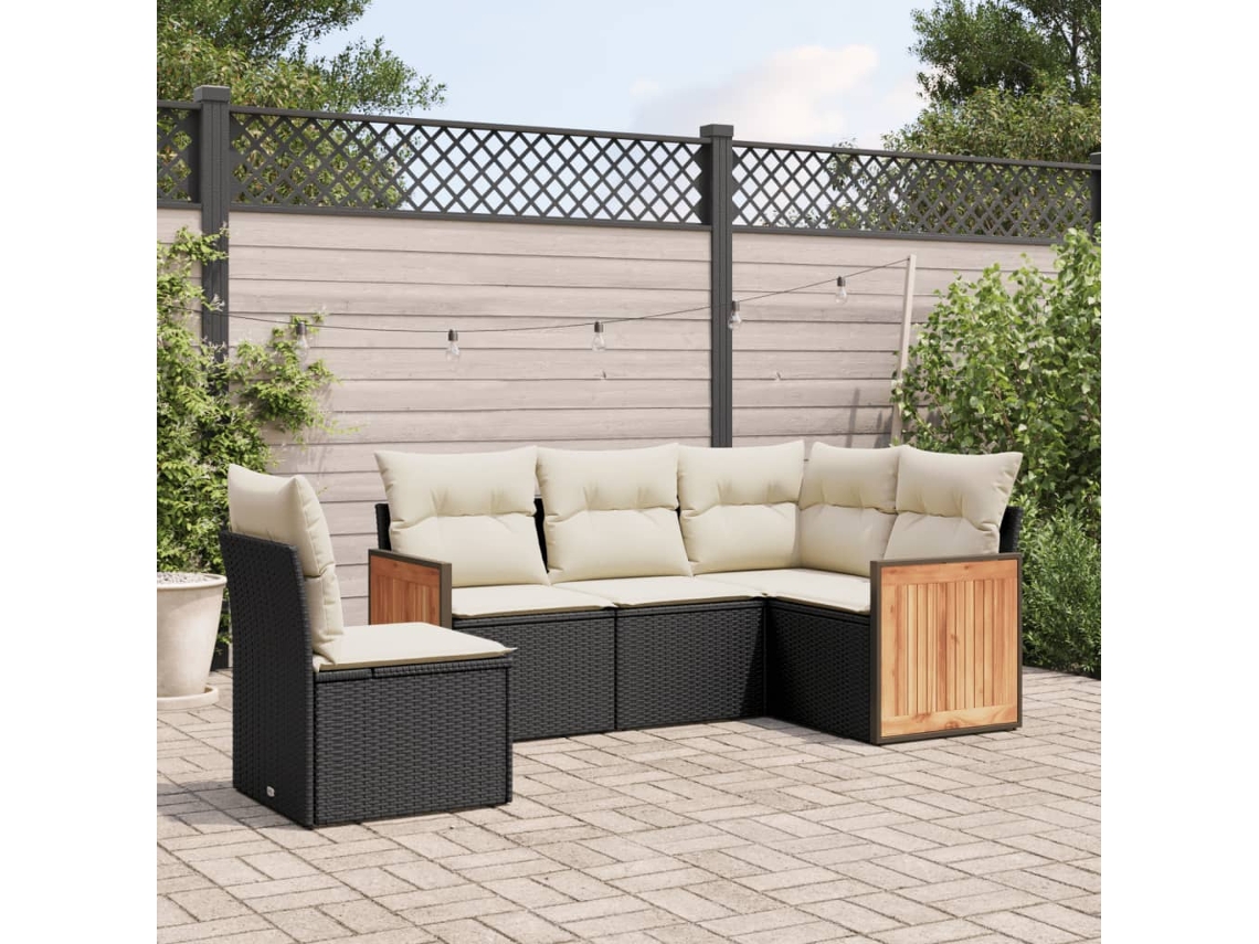 Vidaxl 5 Pcs Conjunto Sofás De Jardim Com Almofadões Vime Pe Preto