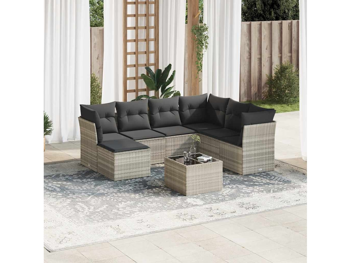 Vidaxl 8 Pcs Conj. Sofás Jardim C/ Almofadões Vime Pe Cinzento-claro
