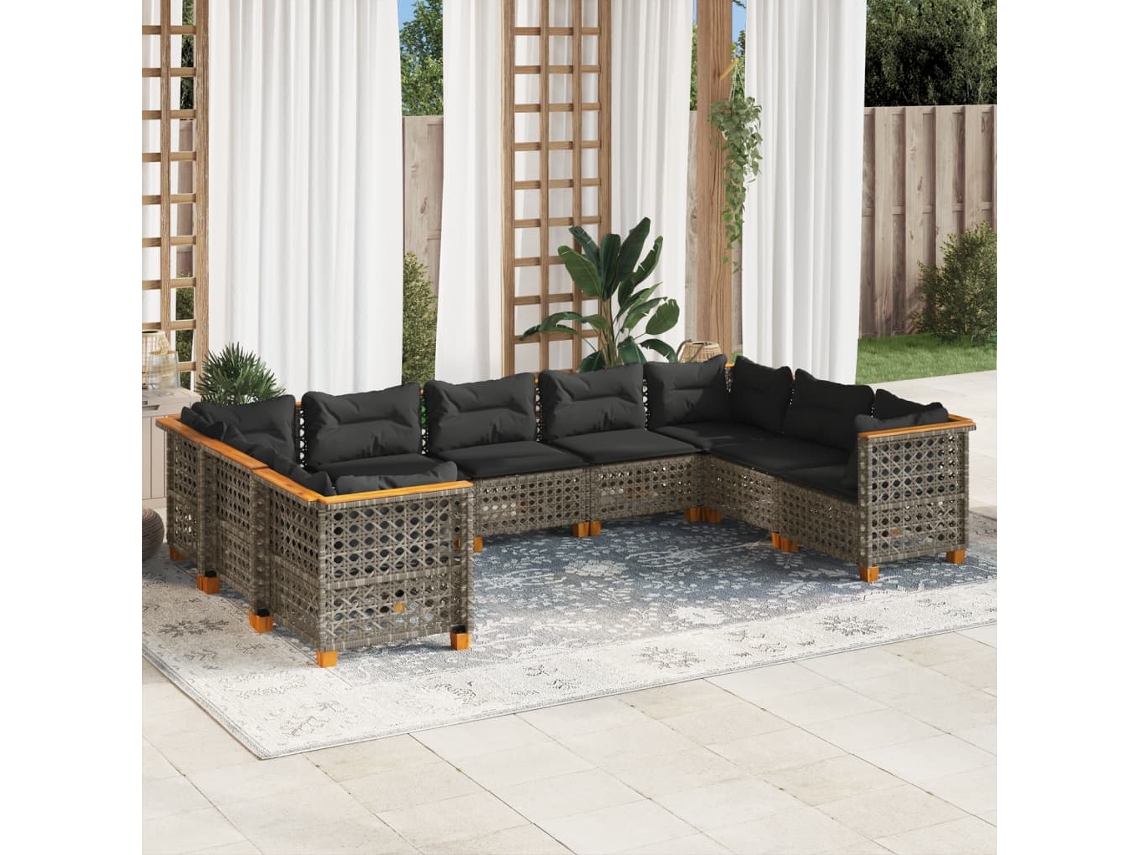 Vidaxl 9 Pcs Conjunto Sofás P/ Jardim Com Almofadões Vime Pe Cinzento