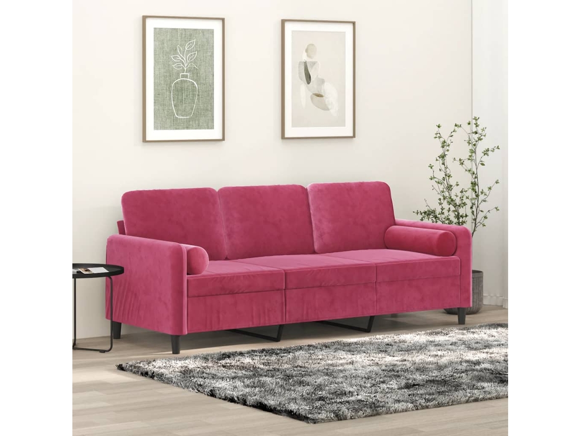 Vidaxl Sofá 3 Lug. + Almofadas Decorativas 180cm Veludo Vermelho Tinto