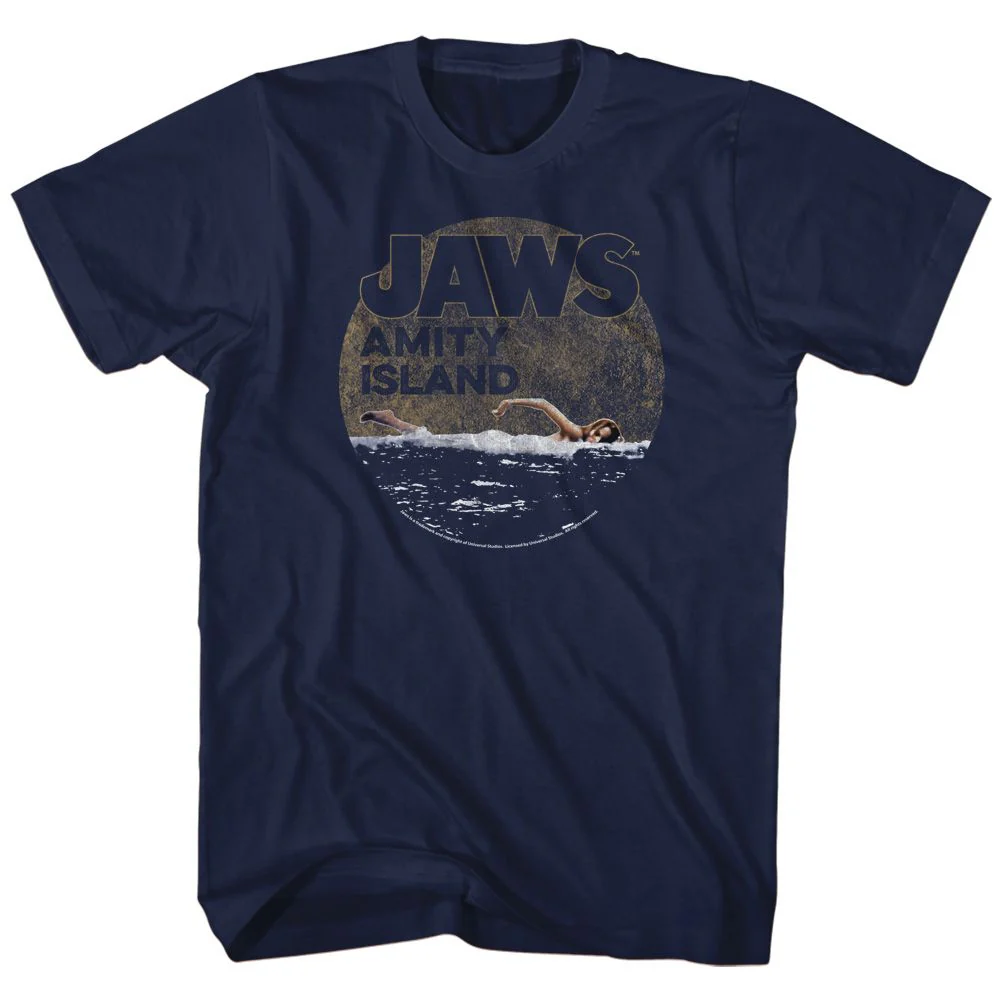 Unisex Adult T-shirt Rockinstone Jaws Movie Late Swim Navy Sizexl