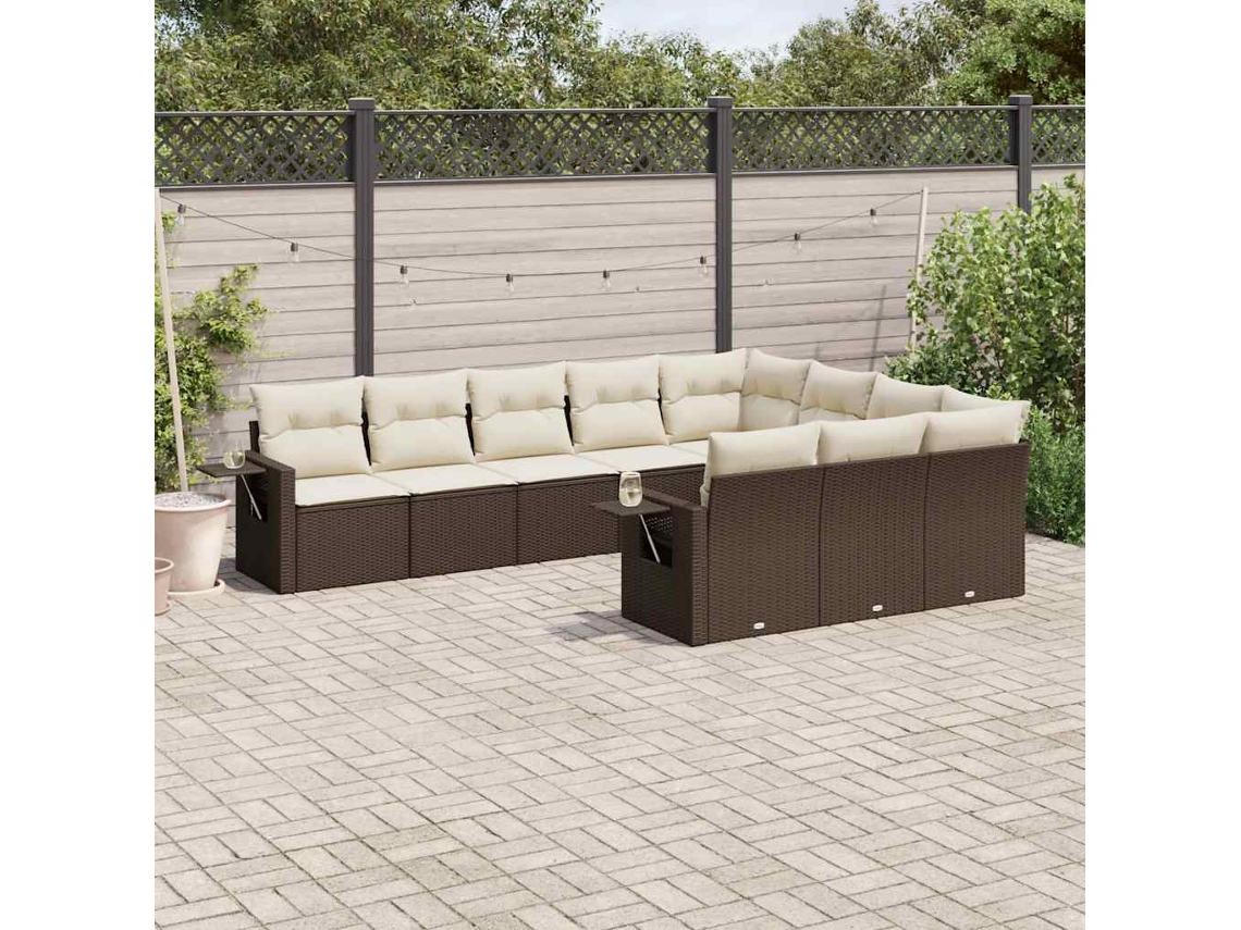 Vidaxl 10 Pcs Conj. Sofás Jardim Com Almofadões Vime Pe Castanho