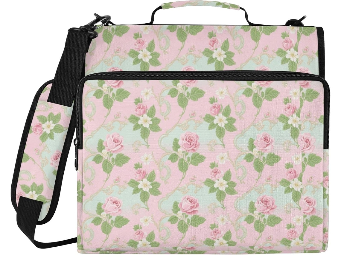 Pasta Resistente Com Zíper De 3 Argolas Em Tons Suaves Branco E Rosa, Com Alça De Mão E Ombro Removível, Vários Bolsos