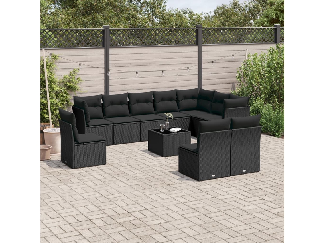 11 Pcs Conjunto Sofás De Jardim C/ Almofadões Vime Pe Preto Dkd Home Decor