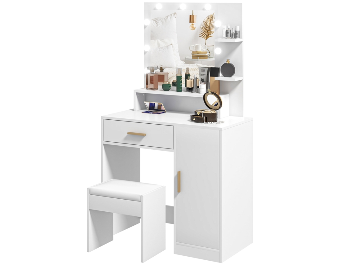 Tocador de Maquilhagem S/MARCA com Banquinho, espelho LED, gavetas, prateleira ajustável, branco