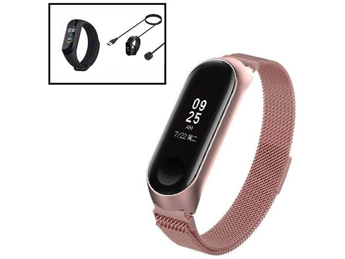 Kit Bracelete Milanese Loop Fecho Magnético + Carregador Usb Charger + Película Protectora Ecrã Gel Full Cover Xiaomi Mi Band 6 Mi Smart Band 6 Rosa