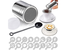 Mexedor de cacau em aço inoxidável 304 com tampa e 16 moldes para cappuccino, açúcar de confeiteiro e especiarias.