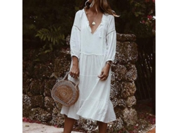 Vestido Midi de Verão para Mulher com Gola em V e Manga 3/4