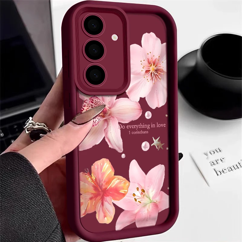 Capa De Celular Macia Com Estampa Floral Rosa Para Galaxy S25 Edge (vermelho Vinho).