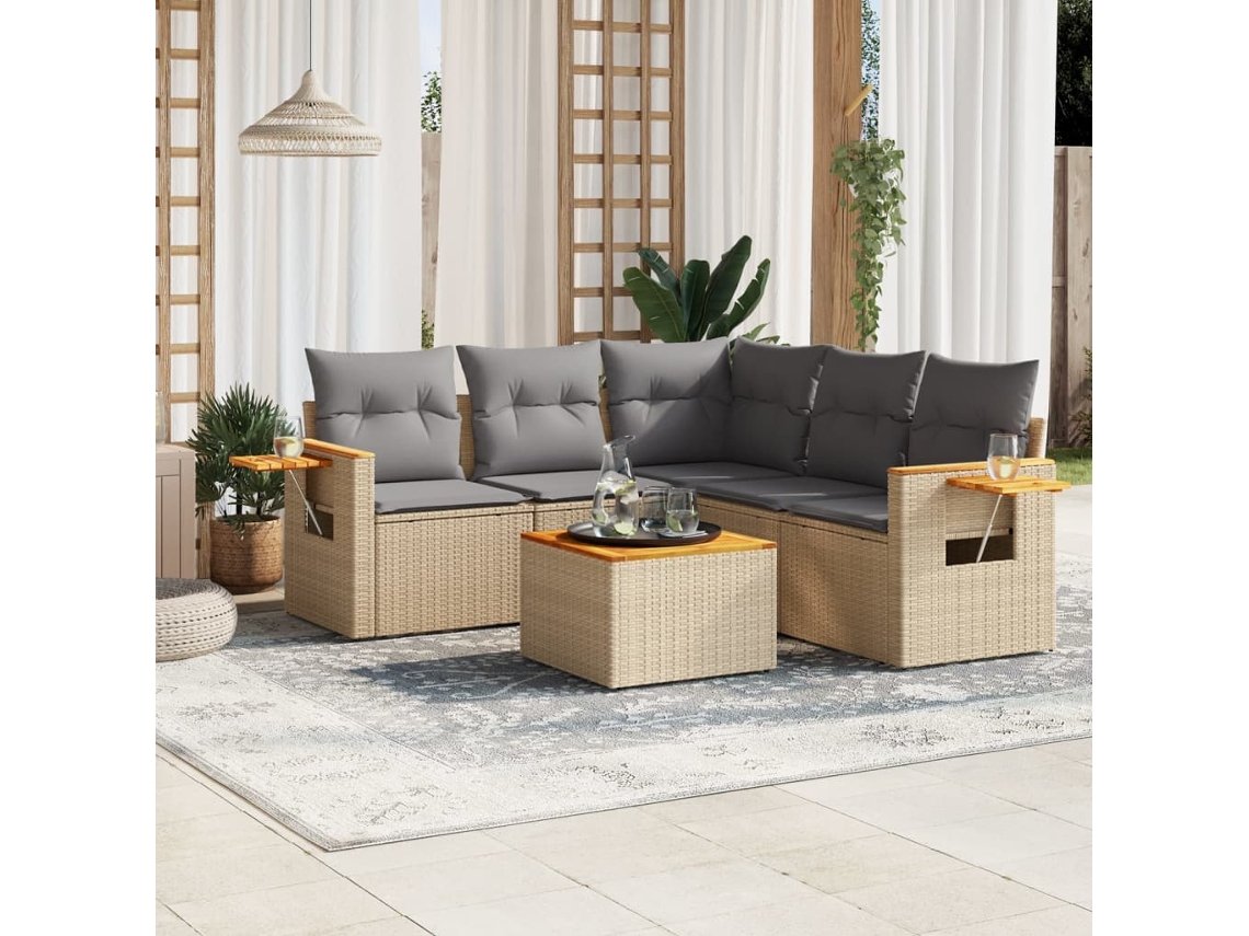 Vidaxl 6 Pcs Conjunto De Sofás P/ Jardim Com Almofadões Vime Pe Bege