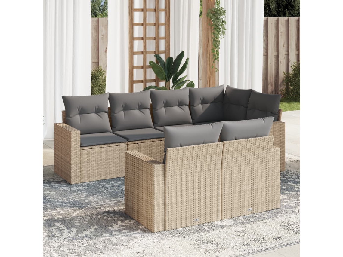 Vidaxl 7 Pcs Conjunto De Sofás P/ Jardim Com Almofadões Vime Pe Bege